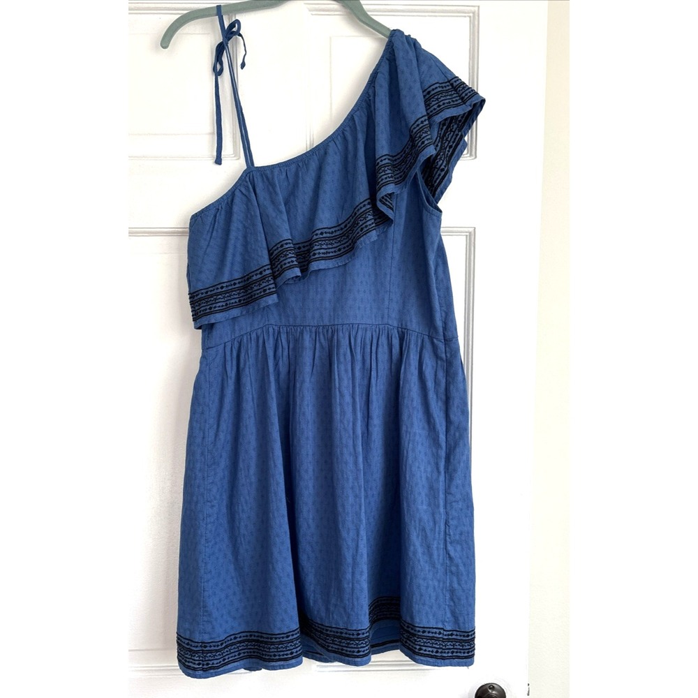 Abercrombie & Fitch Blue One Shoulder‎ Embroidered Ruffle Mini Dress Large Tall